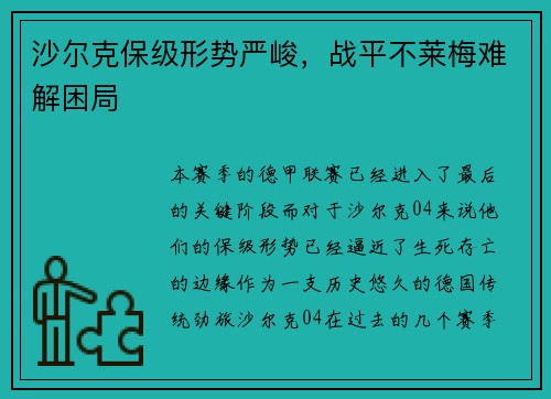 沙尔克保级形势严峻，战平不莱梅难解困局